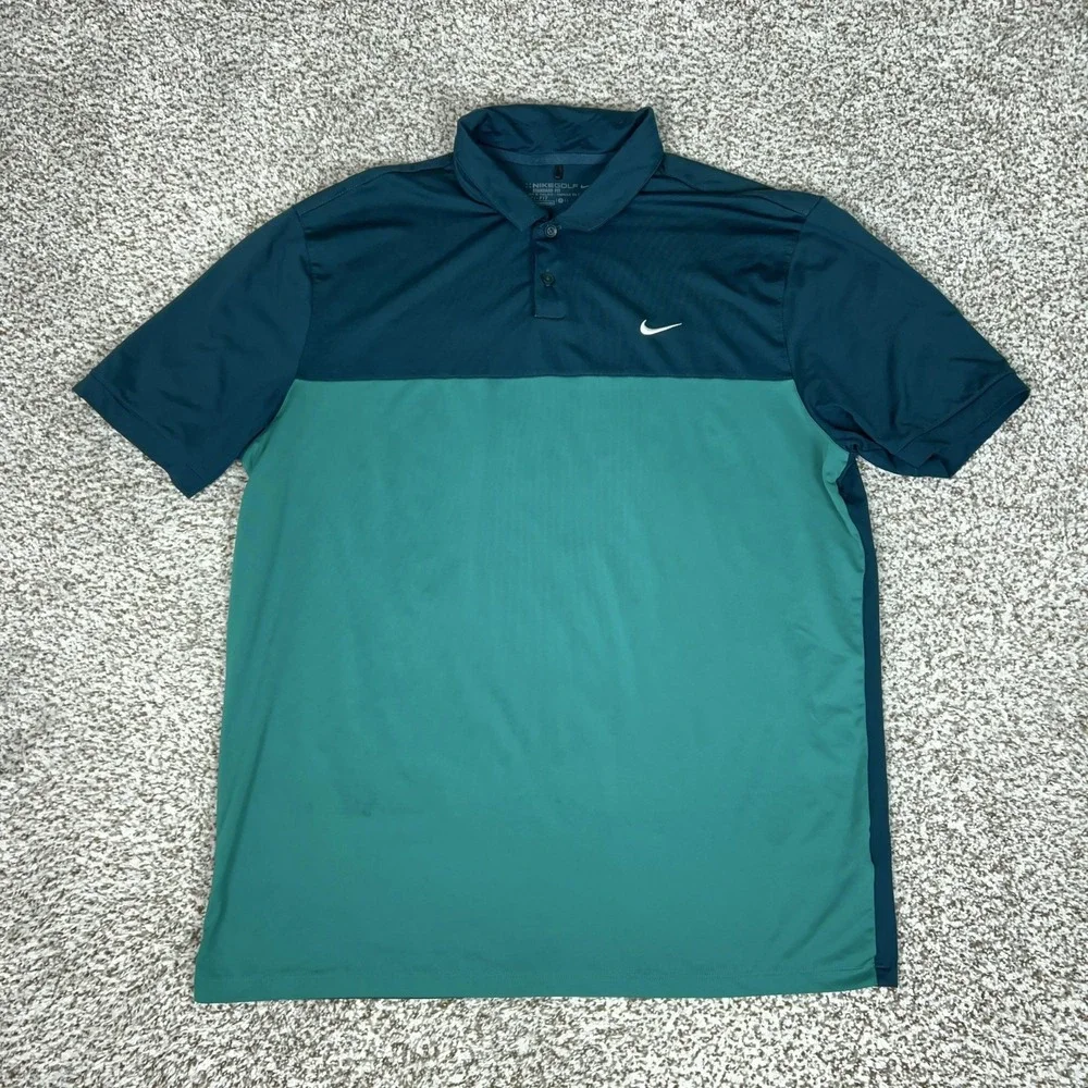 Nike Polo‎ Shirt Mens Large Green Teal Golf Colorblock Dri-Fit Performance Top